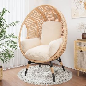 New Grid Style PE Wicker Weaving Patio Egg Chair with Natural Color Rattan Beige Cushion and Table