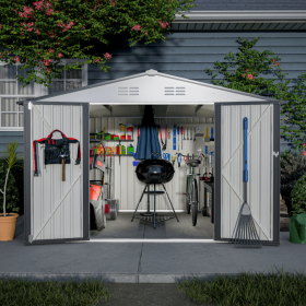 10X8 FT Outdoor Storage Shed, All Weather Metal Sheds With Lockable Doors, Tool Shed For Garden, Patio, Backyard, Lawn, Grey (Option: Gray)