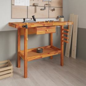 Workbench with Drawer and Vices 48.8"x20.5"x32.7" Solid Wood Acacia (Color: Brown)