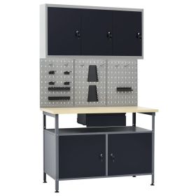 Workbench with Three Wall Panels and One Cabinet (Color: Black)