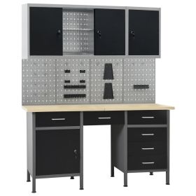 Workbench with Four Wall Panels and Two Cabinets (Color: Black)